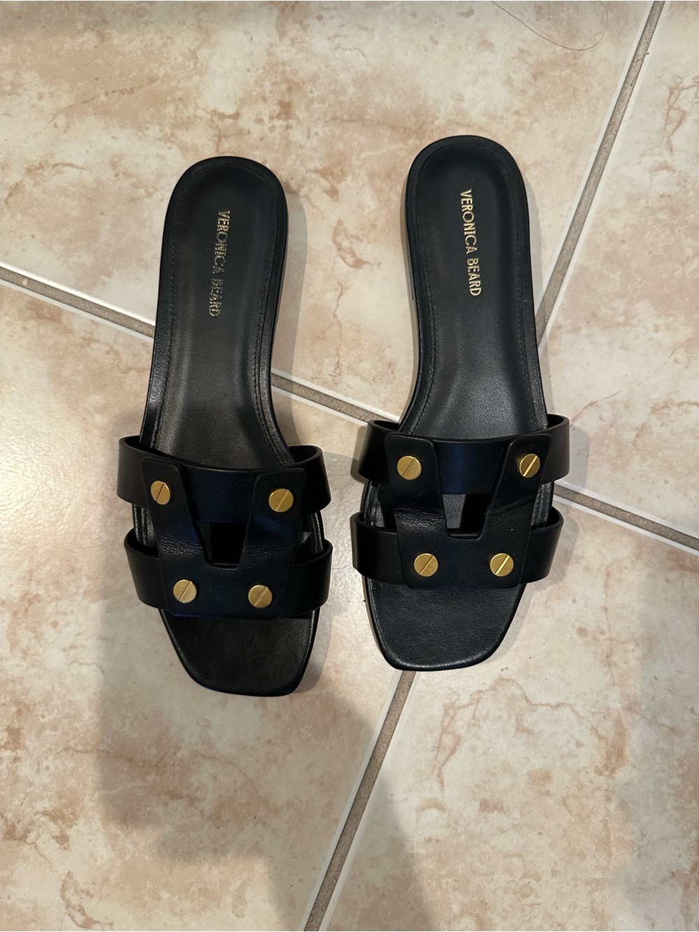 Veronica Beard Black Leather Slide Sandals with Gold Discs
